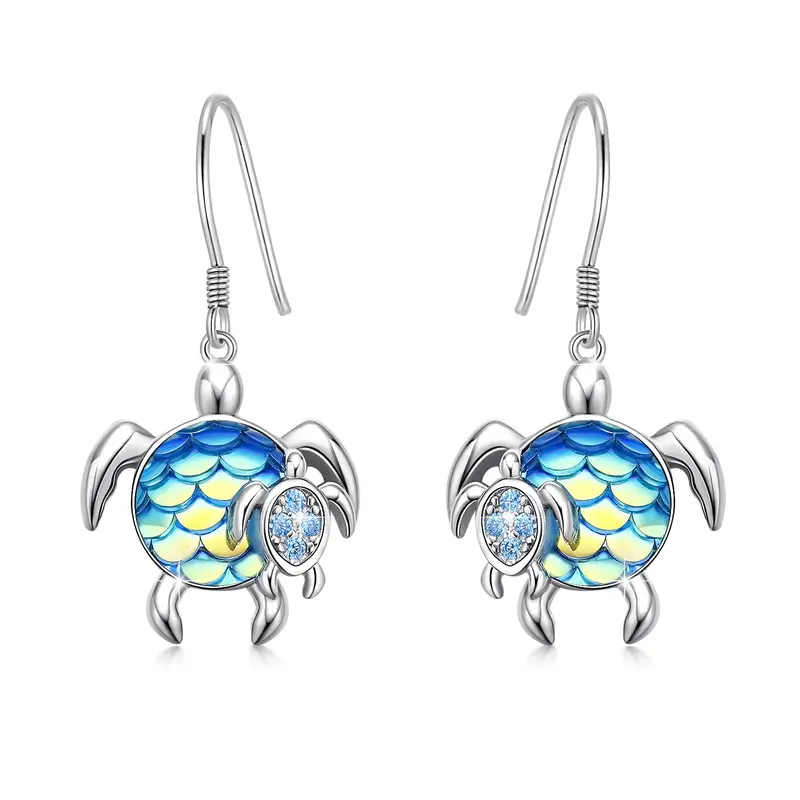 Sterling Silver Circular Shaped Cubic Zirconia Tortoise Drop Earrings