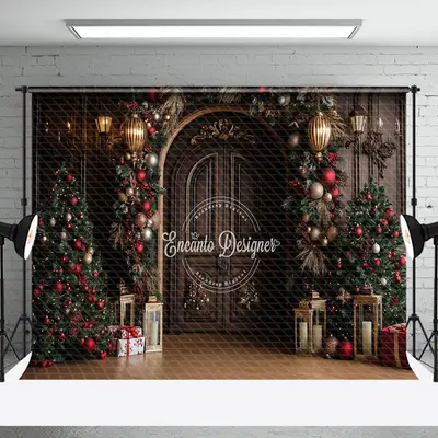 Wooden Door Golden Lantern Baubles Christmas Backdrop - Aperturee