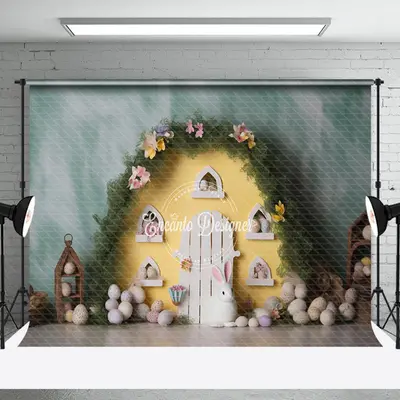 Eggs Floral Grass Yellow Door Easter Photo Backdrop - Aperturee