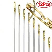 12pcs Self Threading Needle, Open Type Easy Threading Needles, Hand Sewing Needles with Wooden Case, Practical Sewing Supplie...