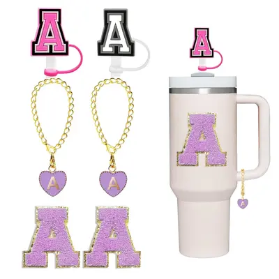 Cup Accessories, 6 Counts/set Including 2 Letter Handle Charm, 2 Chenille Cup Sticker and 2 Straw Toppers, Charm Set for Stan...