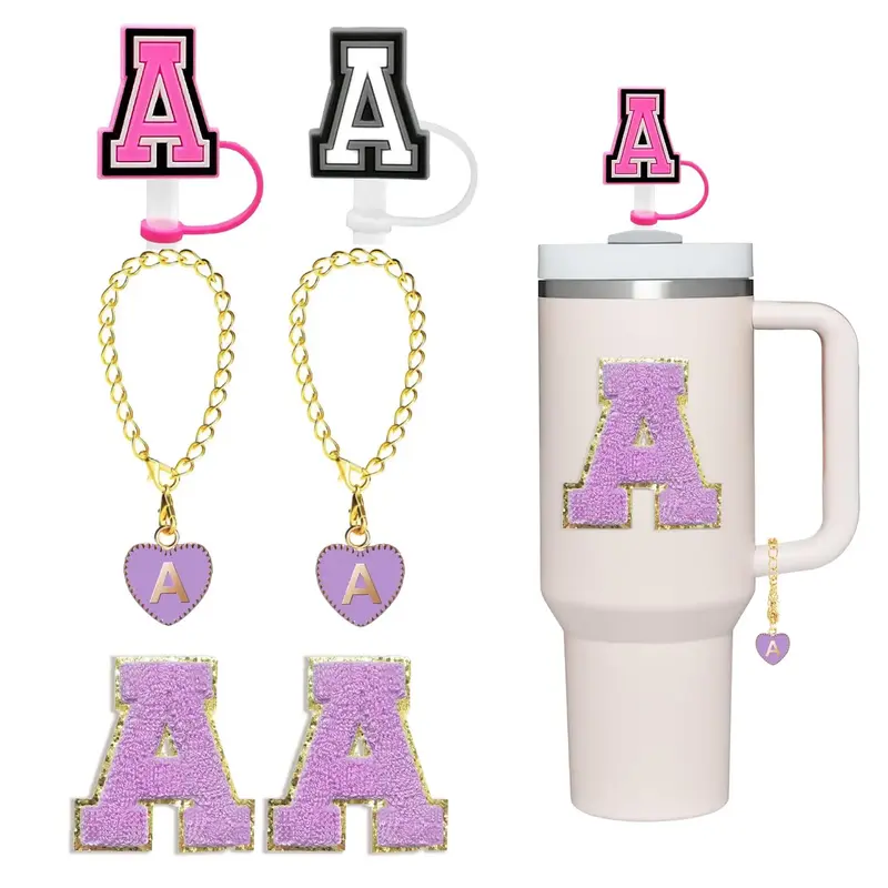Cup Accessories, 6 Counts/set Including 2 Letter Handle Charm, 2 Chenille Cup Sticker and 2 Straw Toppers, Charm Set for Stan...