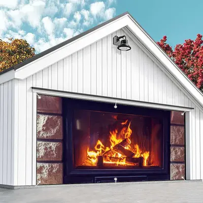 Aperturee Stone Fireplace Red Burning Wood Garage Door Banner