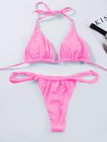 Women's Solid Tie Back Halter Bikini Triangle Top & Thong Swimwear Set, Casual Chic Swimwear Set, Ladies Summer Beach Holiday...