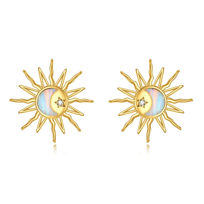 14K Gold Cubic Zirconia & Opal Moon & Sun Stud Earrings
