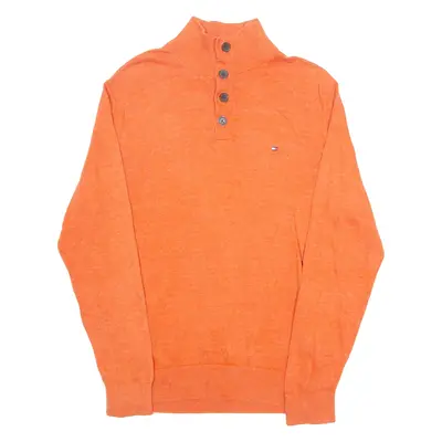 TOMMY HILFIGER Mens Jumper Orange Button Neck Tight Knit M