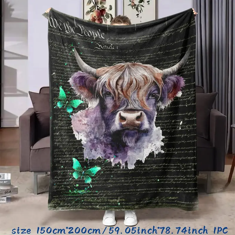 Highland Cow & Flower Print Throw Blanket, Soft Warm Bedding For Bedroom Sofa, Square Blanket For Home & Office