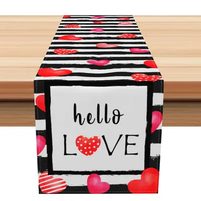 Aperturee Stripe Hearts Hello Love Valentines Day Table Runner | Table Runner For Dining Table | Printed Table Runner | Seaso...