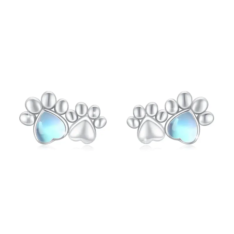 Sterling Silver Heart Shaped Moonstone Paw Stud Earrings