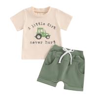 Toddler Boy Shorts Set Letter Tractor Print Short Sleeve Round Neck T-Shirt with Solid Shorts 2Pcs Outfit