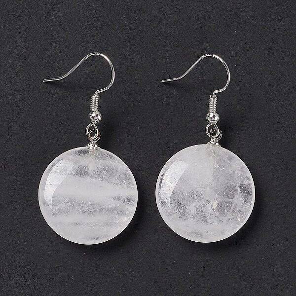 Natural Quartz Crystal Flat Round Dangle Earrings