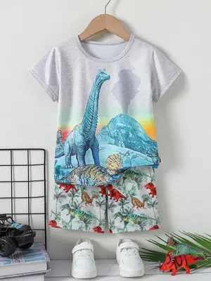 Two-Piece Set Toddler Boy's Dinosaur Print Short Sleeve Tee & Shorts, Casual Round Neck T-shirt & Shorts for Daily Wear, Kids...