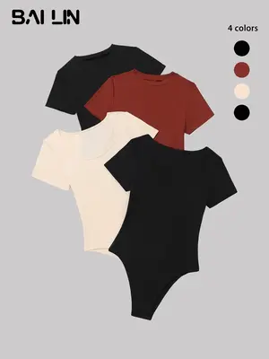 Women's Plain Textured Ribbed One Piece Bodysuit, Summer Clothes Women, Casual Solid Short Sleeve Bodycon Bodysuit, Women's ...