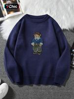 Unisex Cartoon Bear Print Crew Neck Longsleeves Crewneck Sweater, Casual Loose Long Sleeve Jumper for Fall & Winter, Comforta...