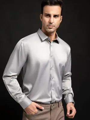 Men's Plain Button Down Shirt, Wrinkle-free Long Sleeve Collar Neck Formal Shirt, Ice Silk Dress Shirts for Men, Occupation M...