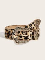 Women's Vintage Leopard Print PU Buckle Belt, Fashion Flower Engraved Buckle Western Belt for Daily Clothing Decor, Trendy Al...