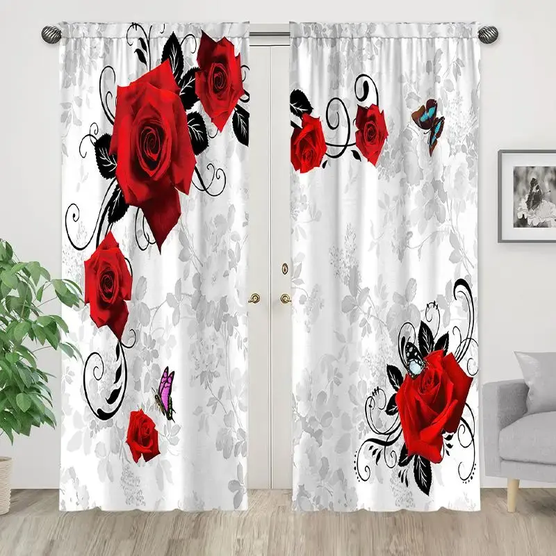 Rose & Butterfly Print Curtain, 2pcs Modern Rod Household Curtains, Decorative Window Curtain for Home