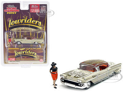 1958 Chevrolet Impala Lowrider Beige with Graphics and Orange Interior with Diecast Figure Limited Edition to 3600 pieces Wor...