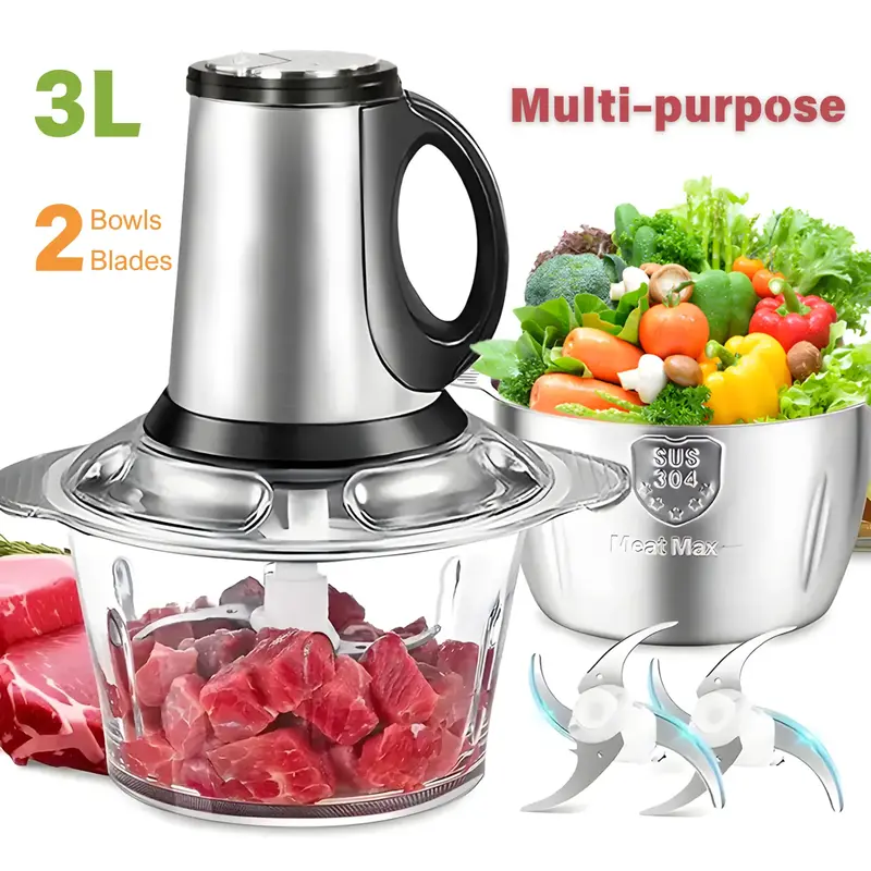 Meat Grinder Electric Machine,Food Processors,Kitchen Vegetable Chopper,2 Bowls(3-Liter Stainless Steel Cup&3-Liter PET Plast...