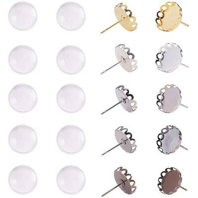 50pcs 5 Color Brass Stud Earring Findings with 50pcsTransparent Glass Cabochonsfor DIY Earring Jewelry