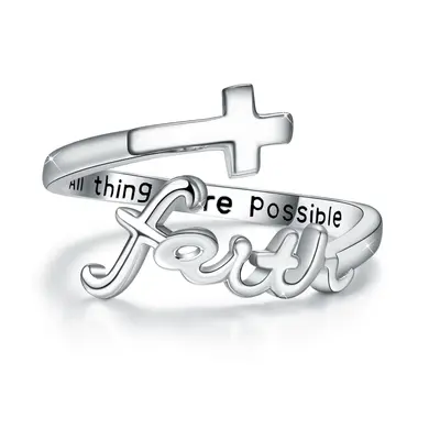 Sterling Silver All Things Are Possible Faith Cross Open Ring for Women