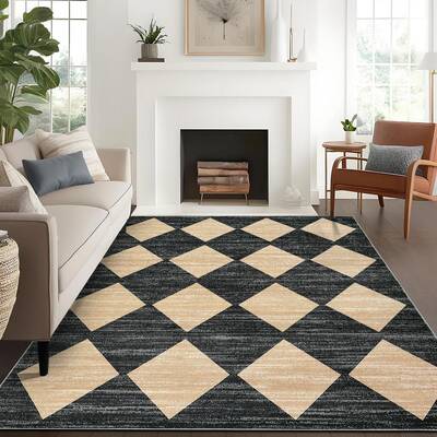 Garvee Plaid Black Beige 5x7 Checkered Area Rug Washable Rugs, Modern Neutral Rug With Non-Slip Rubber Backing, Soft Faux Woo...