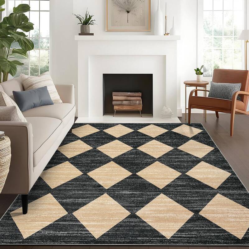 Garvee Plaid Black Beige 5x7 Checkered Area Rug Washable Rugs, Modern Neutral Rug With Non-Slip Rubber Backing, Soft Faux Woo...