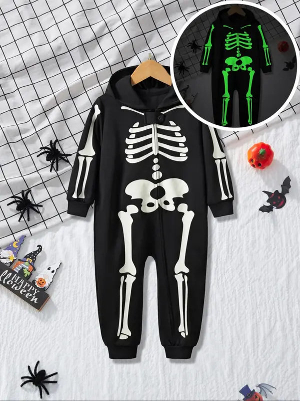 Kid's Luminous Skeleton Print Pretend Play Hooded Jumpsuit, Long Sleeve Zip Up Jumpsuit for  Party, Boy's Halloween Costume, ...
