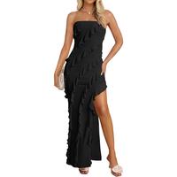 ZESICA Women's 2024 Strapless Bodycon Dress Sexy Off Shoulder Mesh Tassel Ruffle Side Split Tube Party Maxi Dresses Formal Be...