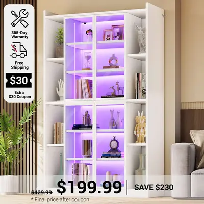 SEDETA ® 70.9 Inch Bookcase with LED Lights Acrylic Transparent Display Cabinet with Glass Doors Curio Cabinet Adjustable Sh...