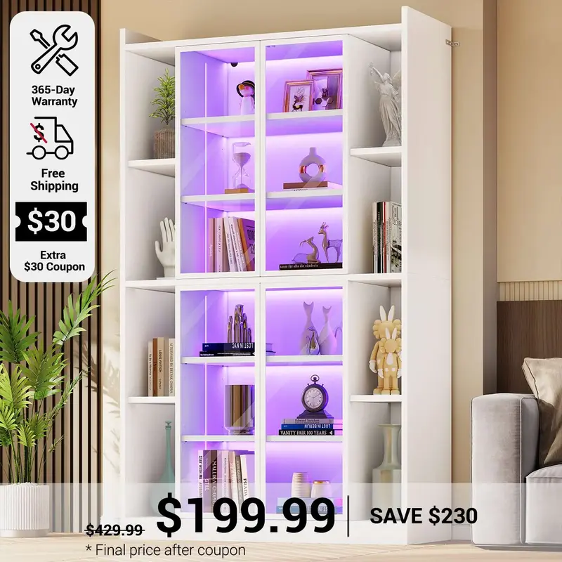 SEDETA ® 70.9 Inch Bookcase with LED Lights Acrylic Transparent Display Cabinet with Glass Doors Curio Cabinet Adjustable Sh...
