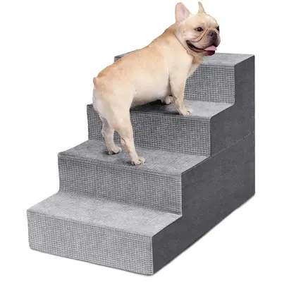 4-Step Dog Stairs for Small Pets - High-Density Foam with Non-Slip Cover - Grey pet stair