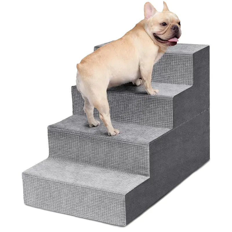 4-Step Dog Stairs for Small Pets - High-Density Foam with Non-Slip Cover - Grey pet stair