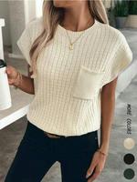 Women's Solid Color Pocket Sweater, Casual Short Sleeve Round Neck Jumper for Summer, Fashion Women's Knitwear for Daily Wear...