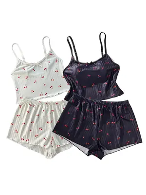 2/4 Counts Women's Back To School Cherry Print Bow Decor Two-Piece Pajama Set, Casual Lettuce Trim Camisole & Elastic Wais...