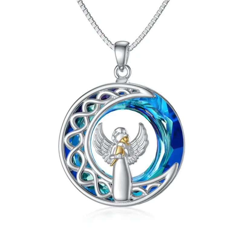 Sterling Silver Two-Tone Round Crystal Cat Angel Wing And Moon Pendant Necklace For Women