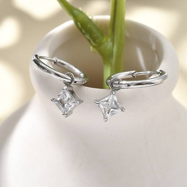 304 Stainless Steel Micro Pave Cubic Zirconia Hoop Earrings