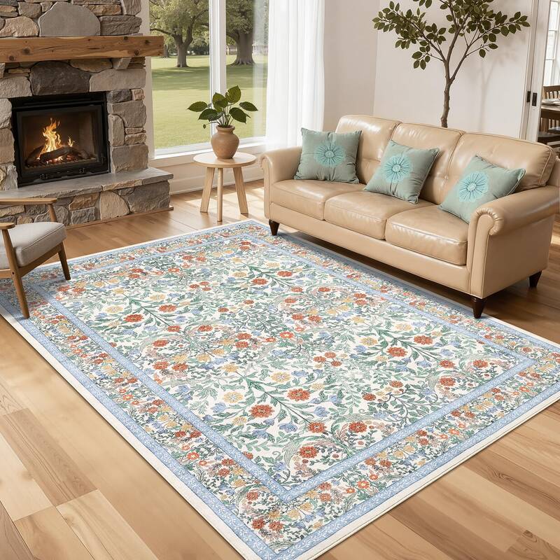 Garvee Floral 5x7 Area Rug Vintage Boho Washable Non-Slip Faux Wool Stain-Resistant Low Pile Beige Living Room Bedroom