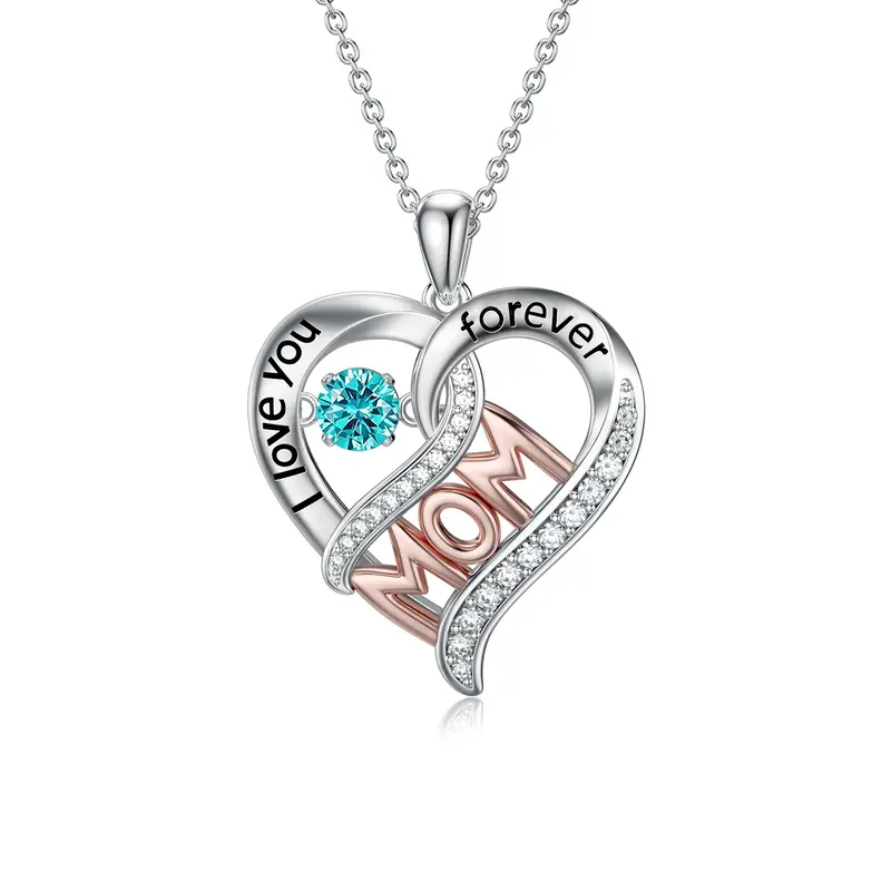 Sterling Silver Two-Tone Heart Crystal Mother With Heart Pendant Necklace With Engraved Word For Women