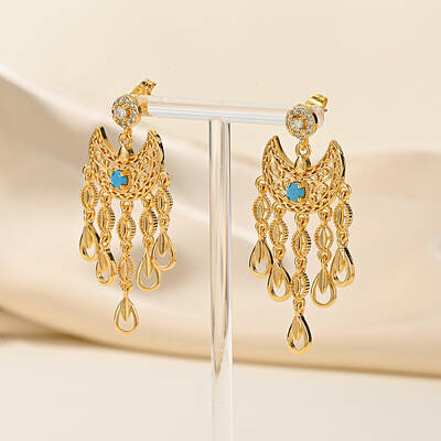 Golden Crescent Moon Tassel Brass Dangle Stud Earrings