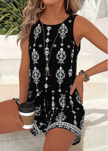 Modlily Black Tummy Coverage Tribal Print Sleeveless Tank Top - L