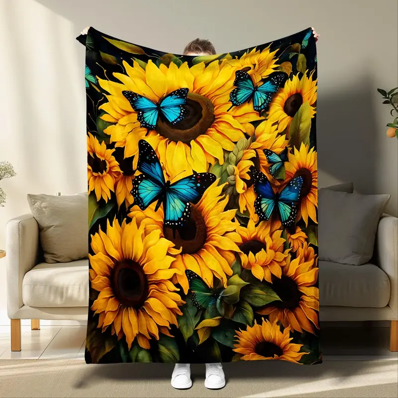Sunflower & Butterfly Print Blanket, 1 Count Soft Warm Throw Blanket, All Season Blanket, Breathable Comfortable Blanket, Com...