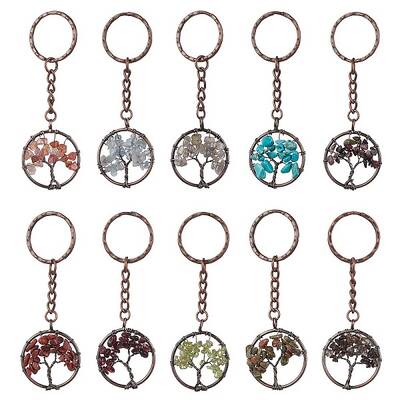 Brass Wire Wrapped Natural & Synthetic Mixed Stone Pendant Keychain
