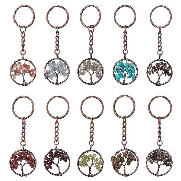 Brass Wire Wrapped Natural & Synthetic Mixed Stone Pendant Keychain