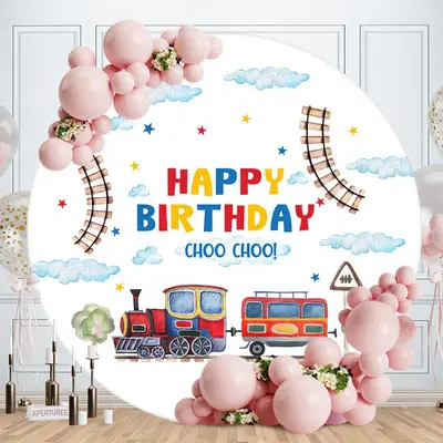 Choo Choo Cloud Track Train Round Birthday Backdrop - Aperturee