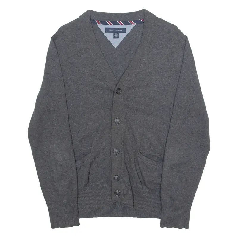 TOMMY HILFIGER Mens Cardigan Grey V-Neck Tight Knit S
