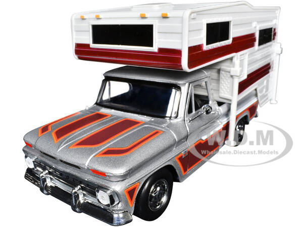1966 Chevrolet C10 Fleetside Pickup Truck Silver Metallic with Brown Sides with Camper Shell American Classics Series 1/24 ...