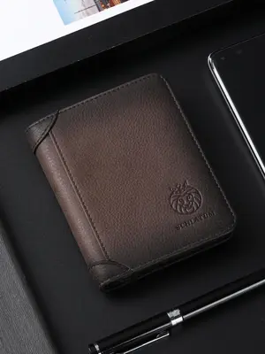 Men's Vintage Lion Decor Rfid Blocking Short Wallet, Retro Large Capacity Credit Card Holder with Id Window & Sim Card Slot, ...