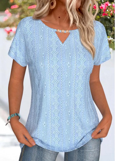 Modlily Light Blue Lace Short Sleeve Round Neck T Shirt - XXL