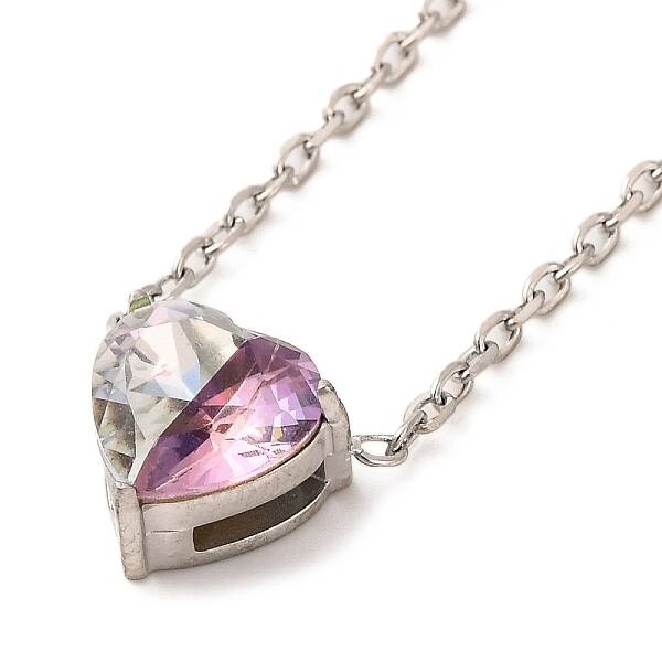 304 Stainless Steel Pave Cubic Zirconia Heart Pendant Cable Chain Necklaces for Women